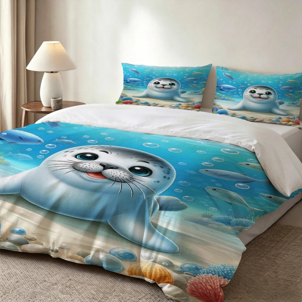 

3Pc High-Definition Digital Printed Bedding Set, Cute Cartoon Ocean Seal Pattern Duvet Cover Set, Large Printed Pattern Duvet Cover Set, Includes 1 Duvet Cover + 2 Pillowcases, Suitable for Bedroom, Guest Room, Home Decoration, Polyester Fiber Duvet Cover