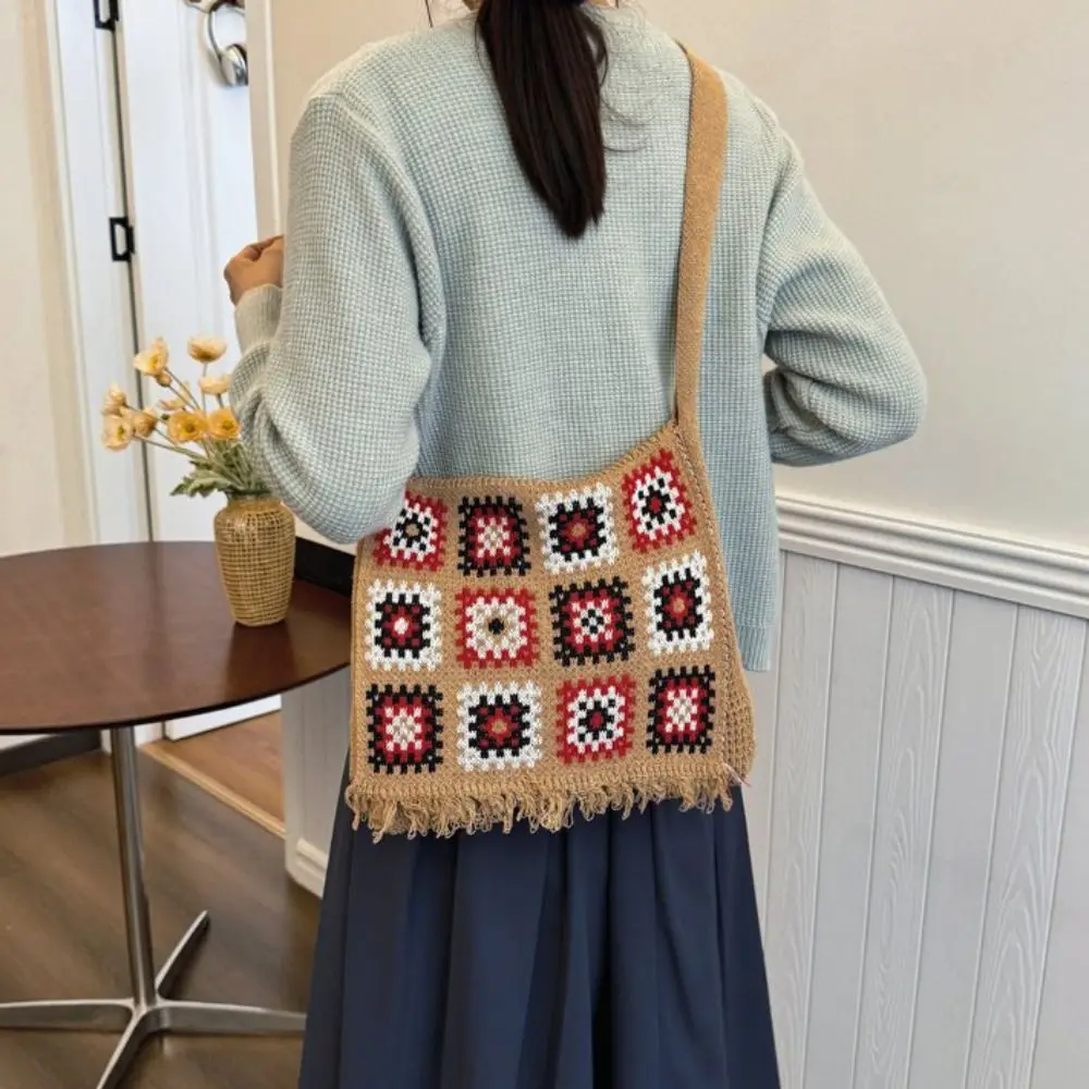 

Tassel Knitting Shoulder Bag Floral Boho Bohemian Crochet Crossbody Bag Ethnic Style Large Capacity Casual Woven Handbag Summer