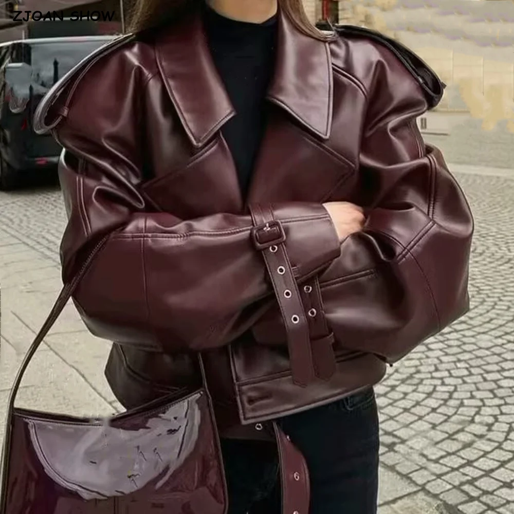 

3 цвета, новая весенняя американская ретро женская куртка из искусственной кожи, воротник с лацканами, пряжка, ремень, подол, пальто с длинными рукавами, свободная короткая верхняя одежда