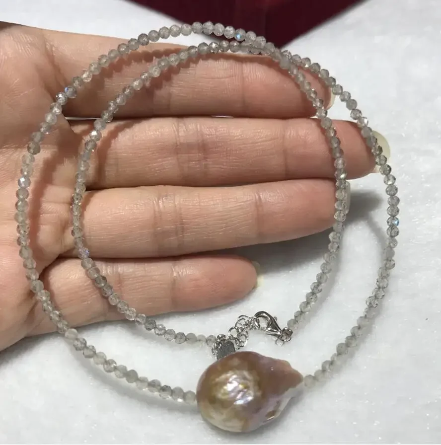 

Natural Tiny Shining labradorites stone 2-3MM Real Big Baroque 14x18MM Pendant Pearl 925 Sterling Silver clasp Ch