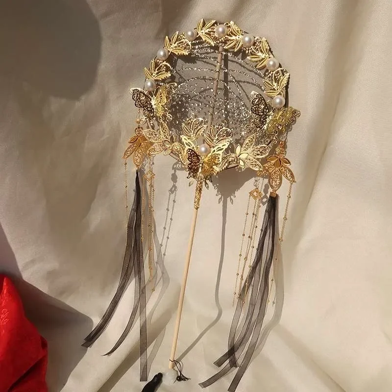 Chinese Style Handcraft Round Fan Ancient Long Handled With Tassel Palace  Cloud Breaking Classical Hanfu Fan