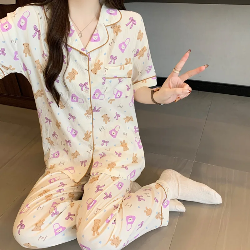 

Женский хит продаж: летний домашний комплект пижамы с коротким рукавом, милый пижамный комплект с мишкой Тедди, свободный крой, шорты и футболка с коротким рукавом