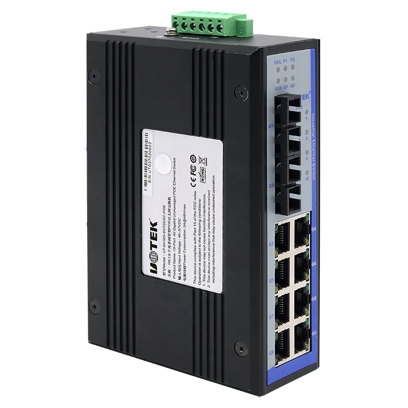 UOTEK Industrial Grade Gigabit 1000M 8 Ports Network Unmanaged POE Ethernet Switch 2 Optical Fiber SC DIN-rail UT-6410G-8GT2GSC