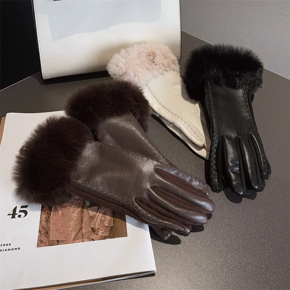 

Trendy PU Leather Women's Gloves with Faux Fur Trim for Cold Weather Winter Warm Gloves Gift Cuff Thermal Lining Party Gloves