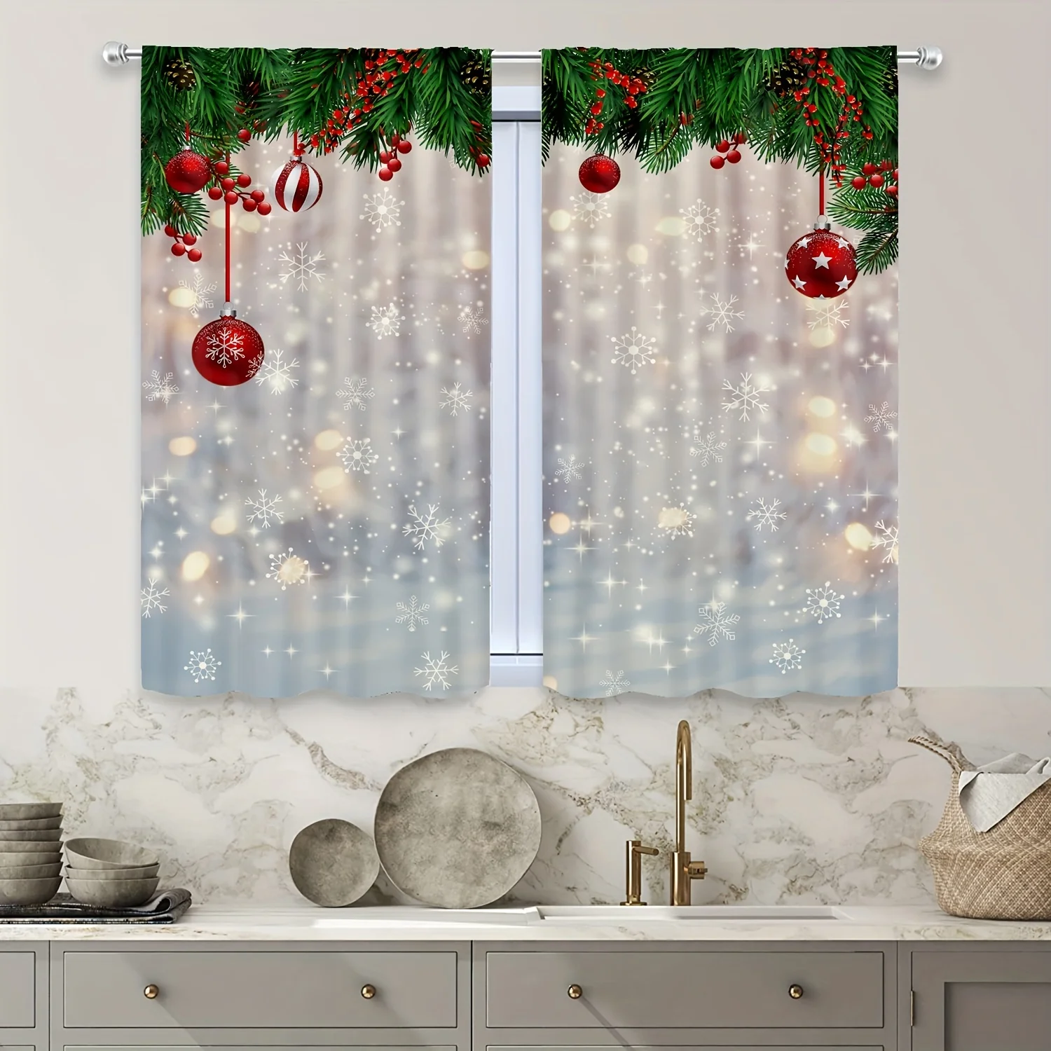 Christmas Snowflake Tree Curtains 2pcs, White Rod Pocket Top Design for Study Room Kitchen Living Room Dorm Room Bedroom Decor