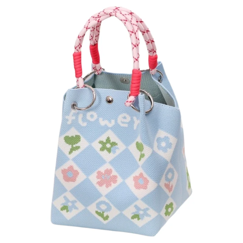 حقيبة بويت محبوكة حلوة للتنقل والنزهات، إغلاق مغناطيسي أزرق من البوليستر الناعم، نبات داخلي مزين بالزهور...