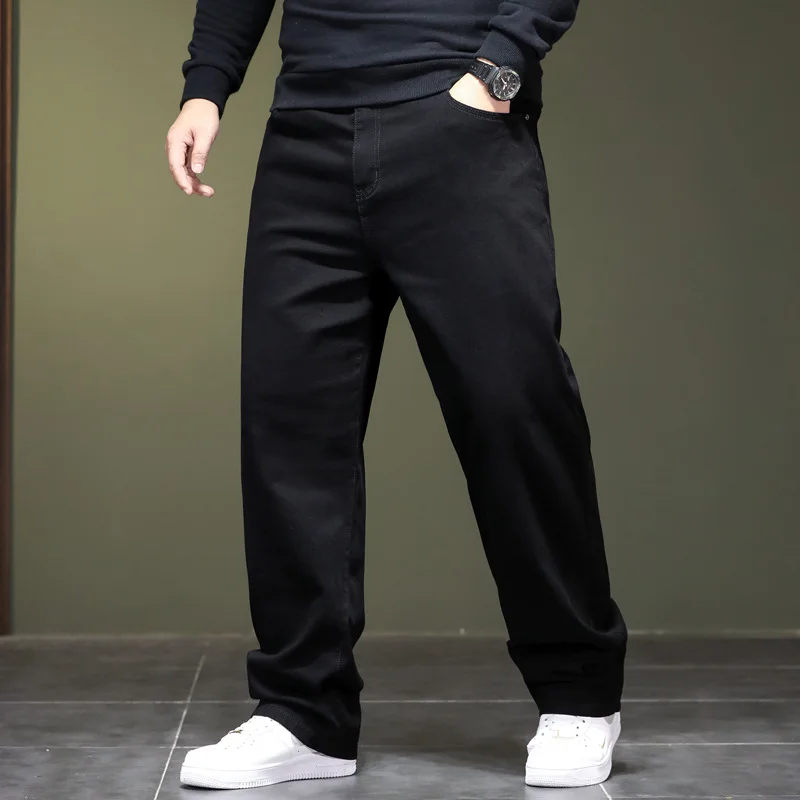 Autumn Winter fleece-lined jeans large size straight men plus size jeans black large size youth elastic long trousers 48 8xl