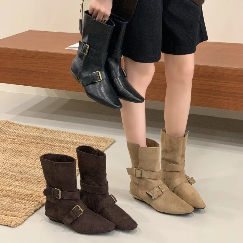 

Женские сапоги средней длины с квадратным носком и пряжкой, короткие сапоги из натуральной кожи, рыцарские сапоги на толстом каблуке, остроконечная матовая кожа