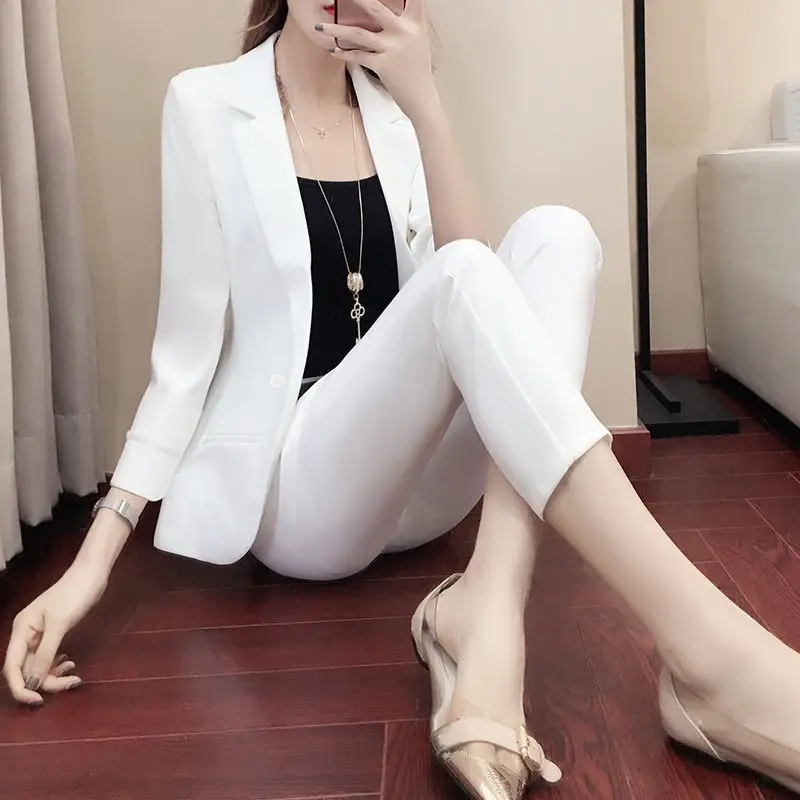 White Suit Jacket Two Piece Sets for Women Formal Women\'s Blazer and Pants Suits Set 2 Elegant Pieces Office Wear Fall Outfits