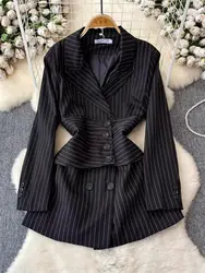 Black Striped Long Sleeve Shirt For Women 2024 Spring And Summer Slim Fit Suit Collar Mid Length  Loose Blazer Tops K2006