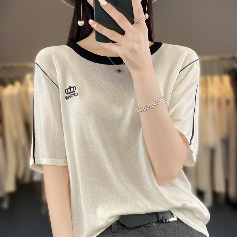 

Spring And Summer New Women's Short Sleeve Round Neck Embroidery High End Tencel Fabric Lightweight Soft Fashion Pullover Top