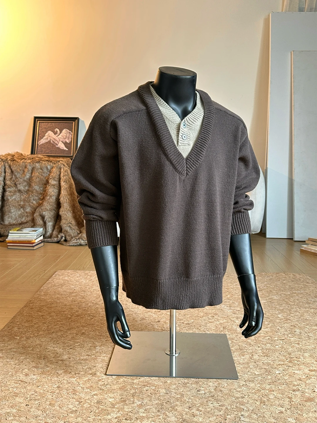 

Мужской вязаный свитер American Style с V-образным вырезом, зимний, повседневный, с эффектом двухслойности, кофейного цвета, для ношения под одеждой, в стиле Lazy Style