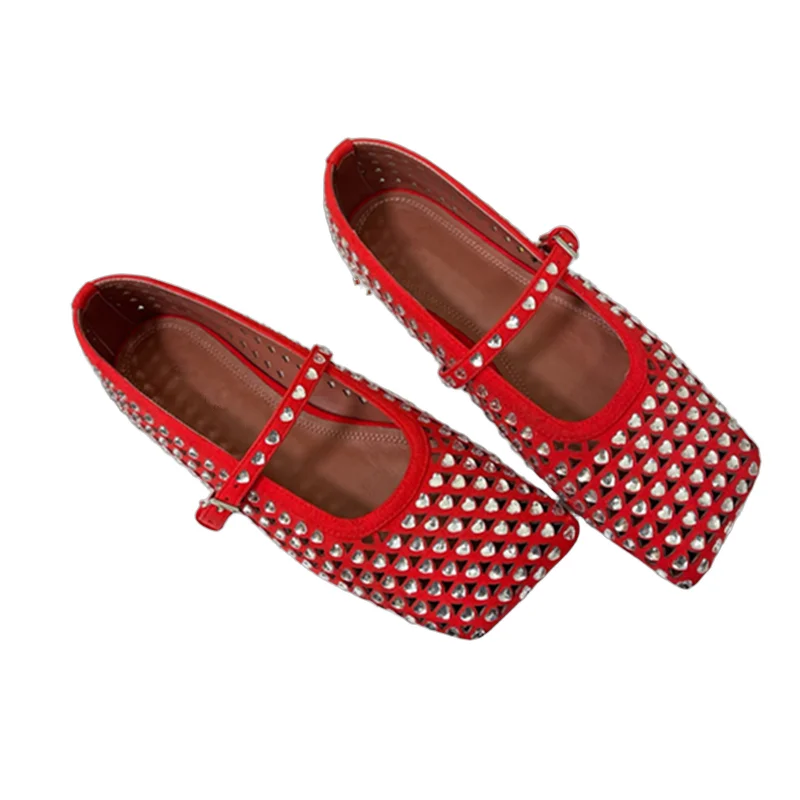 

Withered Minimalist Women's Summer Sandals Shoes Heart-Shaped Rhinestone Ballet Shoes Elegant Square Toe Flat Shoes Women
