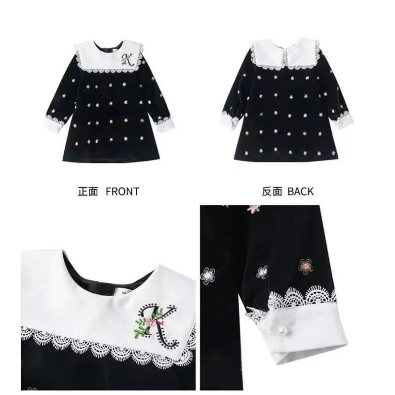 Girls Dress Velvet Black And White 2024 New Embroidered Autumn Long Sleeved Dress With Children\'s Autumn And Winter Doll Collar