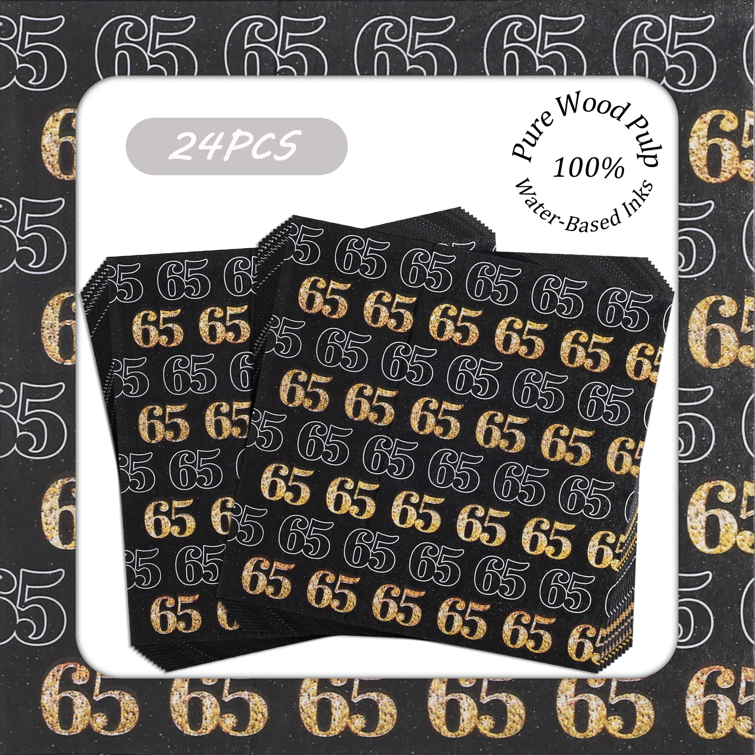 

24pcs 33x33cmPrinted Paper Napkins 65th Anniversary Golden Number Design Disposable Decorative Napkins for Retirement Parties