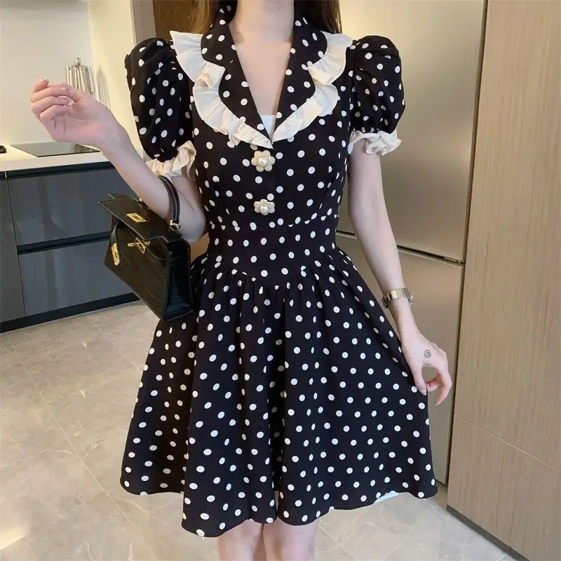 

Peter Pan Collar Fashion Age Reduction Women's Clothing Summer 2024 New Puff Sleeve Ruffles Polka Dot Slim Knee Elegant Dress