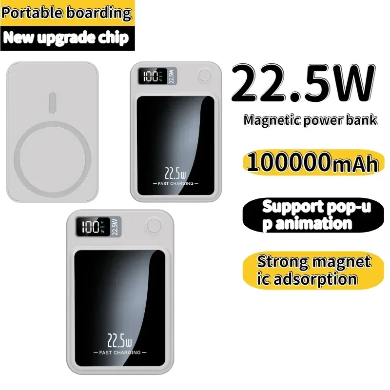 

100000mAh Magnetic Wireless Power Bank 22.5W Phone Fast Charger For iPhone 15 14 13 12 External Auxiliary Backup Battery Pack