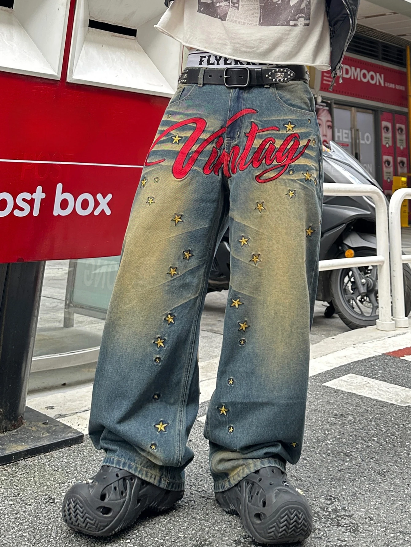Men's Y2K Streetwear Jeans, Vintage Letter And Star Embroidered Baggy Wide Pants For Men, High-Street Loose-Fitting Casual Denim