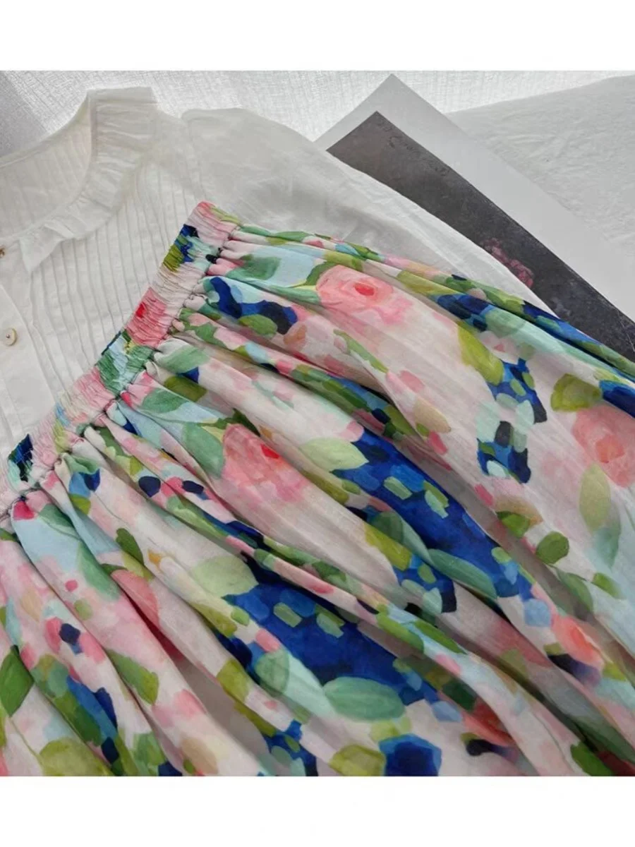 التخسيس عالية الخصر المطبوعة الأزهار f طول ألف خط تنورة المرأة الجديدة Sle النفط اللوحة Sle ميدي تنورة رقيقة التنانير