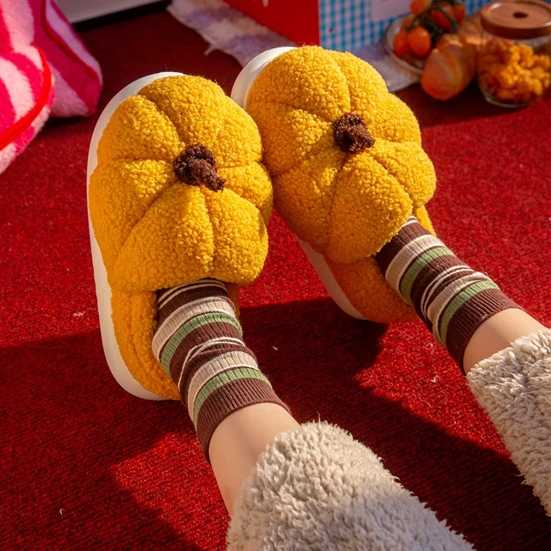 Wintermode, niedlich, lustig, kreativ, kürbisförmige Plüsch-Hausschuhe für Zuhause, Wärme, Entspannung im Freien, für Paare, Baumwollschuhe