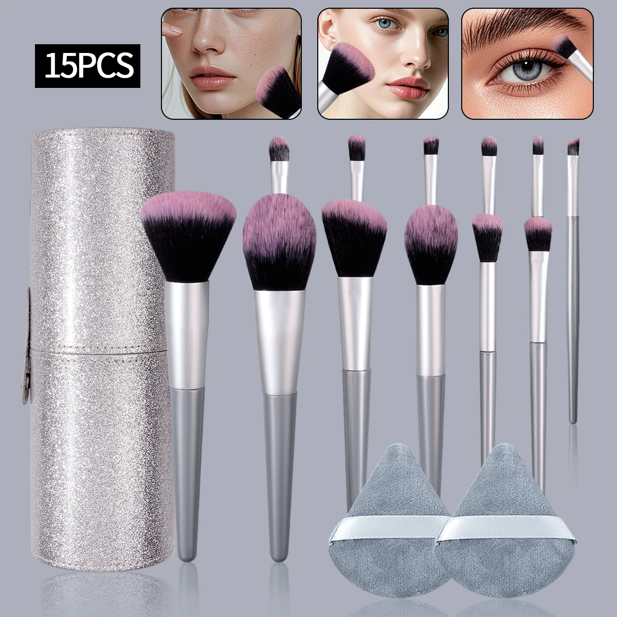 Ensemble de pinceaux à blush polyvalents, pinceaux anti-cernes et pinceaux de maquillage, bouffantes de poudre triangulaires + seau de rangement de grande capacité, 15 pièces