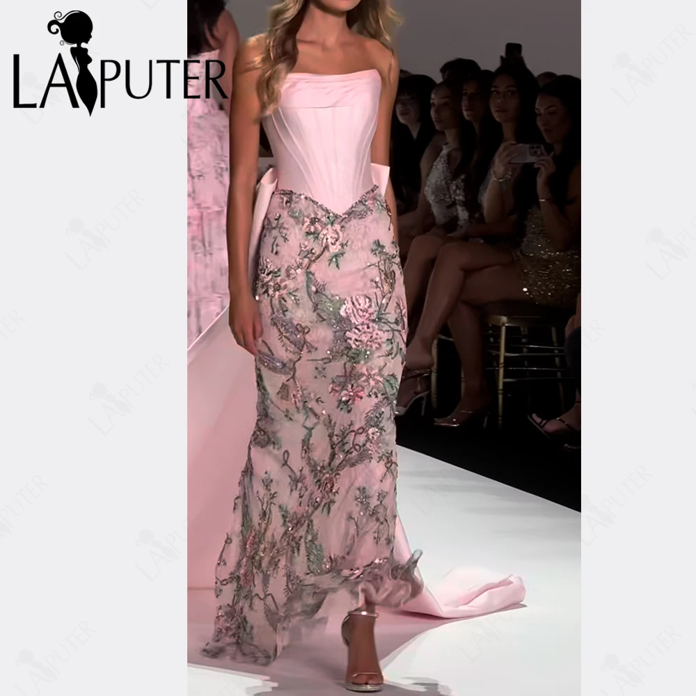 فساتين سهرة مناسبة باللون الوردي للأطفال من الساتان الجوفاء مشد صد حورية البحر فستان حفلة موسيقية مطرز بالزهور تنورة دانتيل فستان رسمي بذيل طويل جدًا