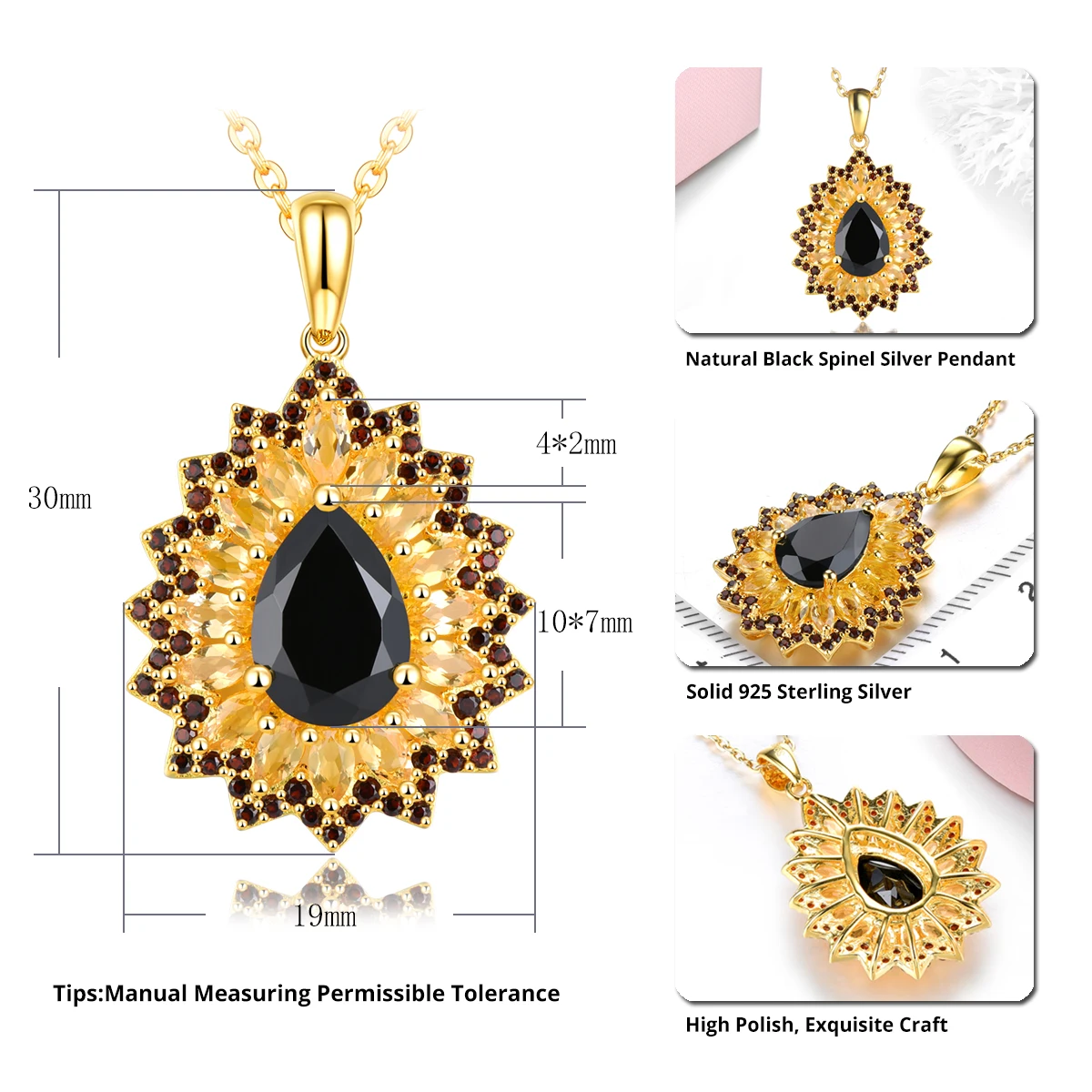 Natural Black Spinel Citrine Sterling Silver Pendant 3.6 Carats Yellow Gold Plated Women's Favorite S925 Gift Original Design