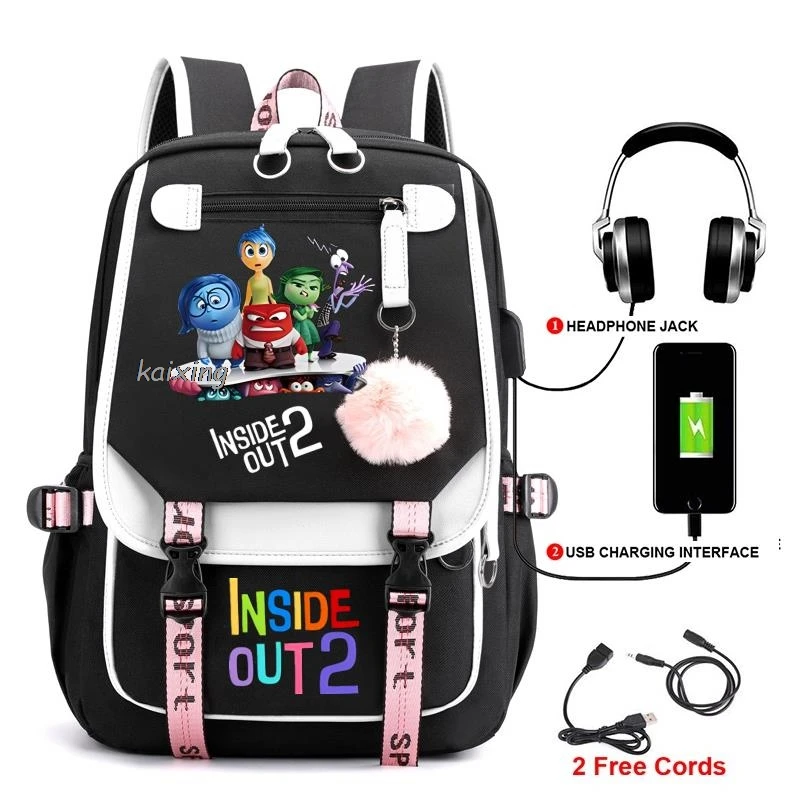 New Inside Out2 Backpacks USB Cartoon Purple Printed Boys Girls School Bag Students Bookbag Teens Women Mochila Escolar Niña