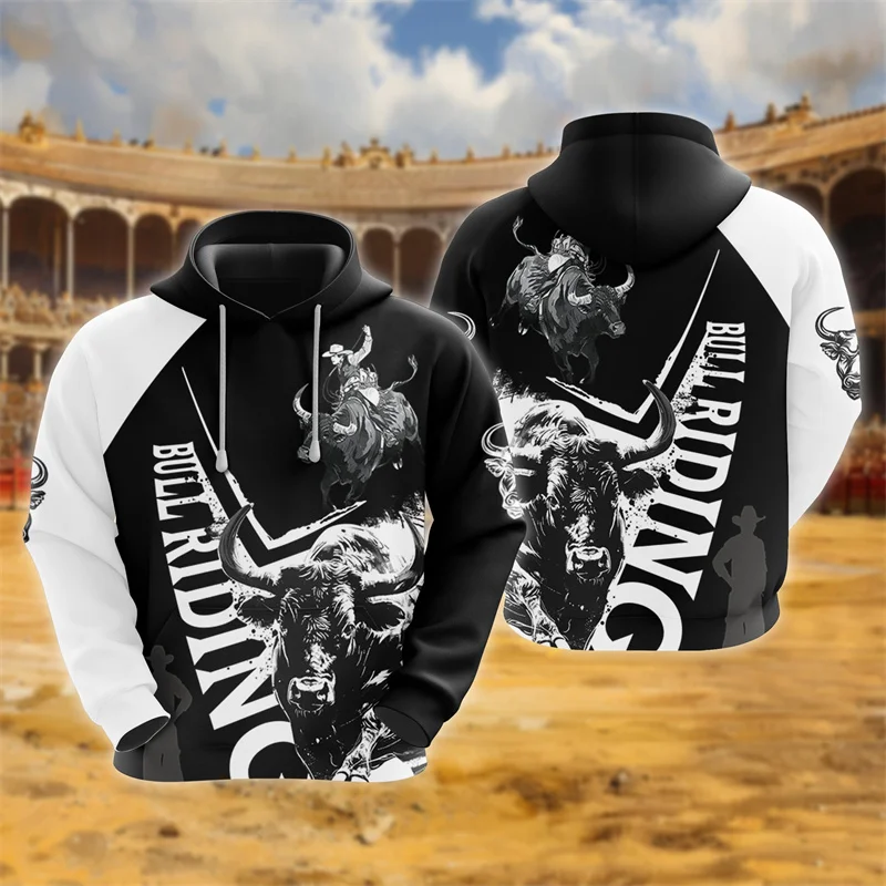 3D Printed Bull Riding Athletics Hoodies For Men Vintage Cowboy Graphic Sweatshirts Casual Sport Pullovers Tops Street Hoody