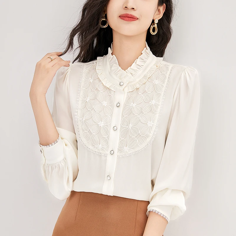 

Spring Summer Real Silk Women's White Shirt Embroidery Long Sleeve Elegant Shirts Blouses For Women Solid Woman Vintage Blouse