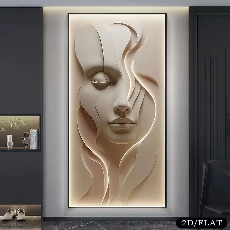 1pc (No frame),2D Flat, 1pc Large Frameless Modern Abstract Face Canvas Painting - Textured 3D Illusion Soft Pink Tone Suitable