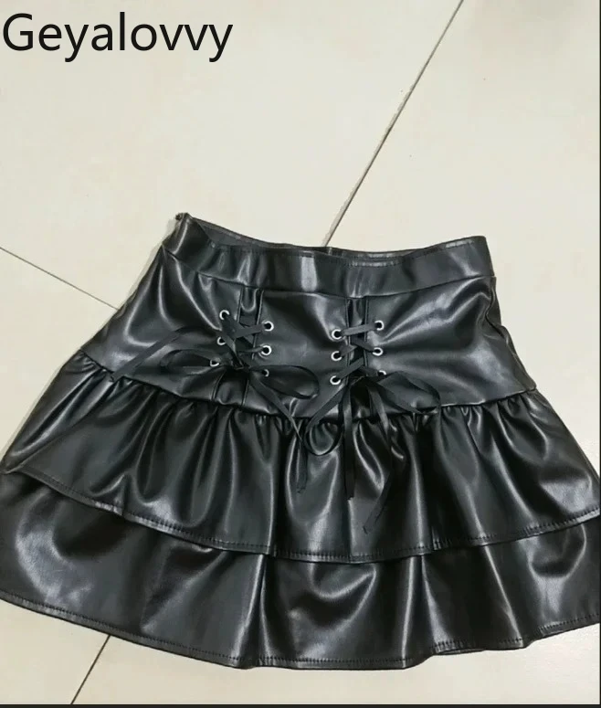 

Original Design Sense High Waist Black Straps Short Skirt Sweet Girls Leather PU Ruffle Edge Anti-light Shorts Mini Skirts