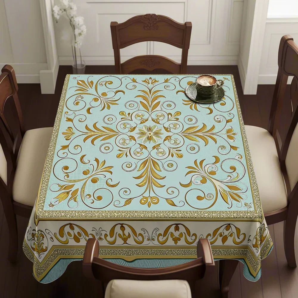 A square tablecloth with a light blue base and golden curly grass pattern, suitable for festive gatherings and daily dining, yzb