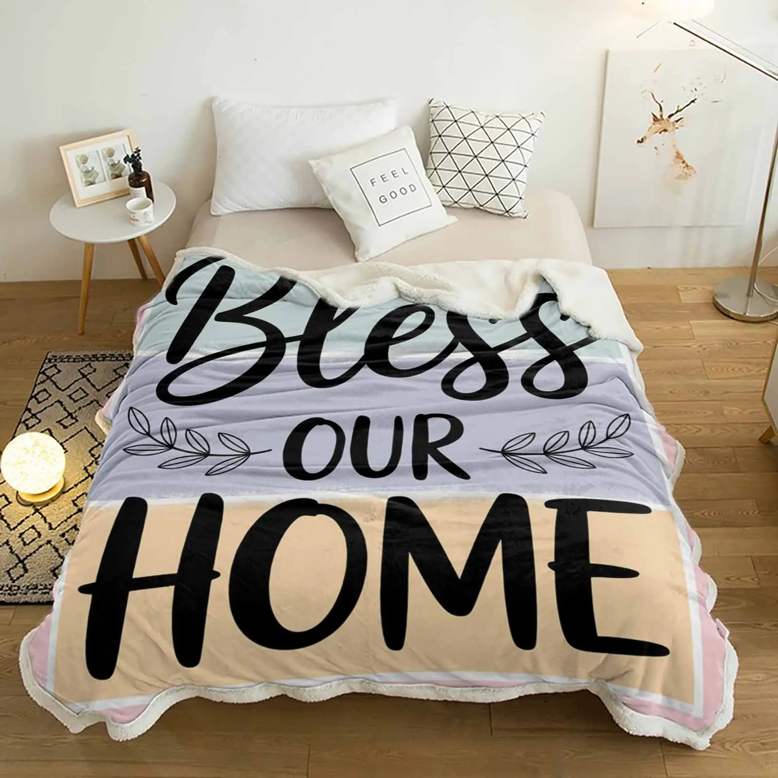 

Letter Bless Our Home Color Block Cashmere Blanket Warm Winter Soft Throw Blankets for Beds Sofa Wool Blanket Bedspread