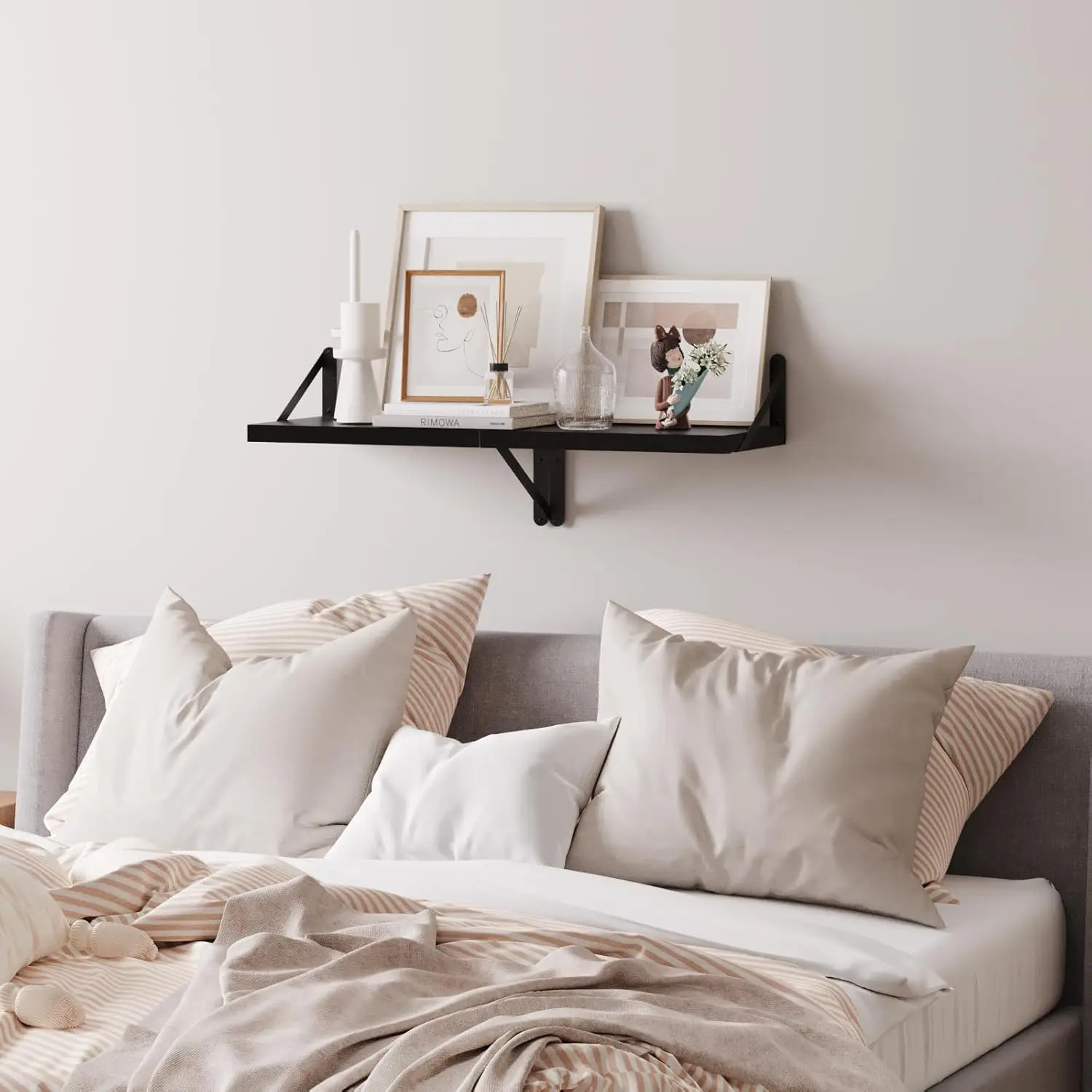 Плавающие полки Настенная книжная полка для спальни, ванной комнаты, деревянная настенная широкая глубокая полка для хранения, набор из 2 настенных полков с черной росписью