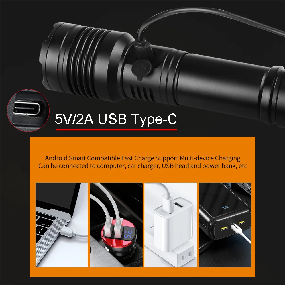 XHP200 High Power LED Flashlight 9000000LM Type-C Usb Rechargeable Outdoor Waterproof Tactical Flashlight 18650 XHP50 Zoom Torch