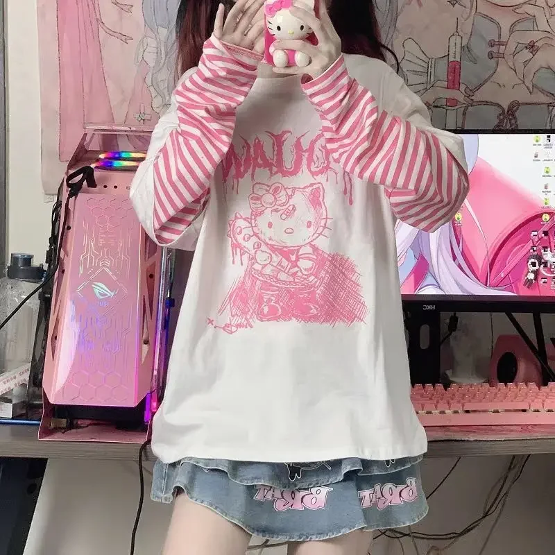 Hello Kitty kobiety sweter wiosna jesień cienkie ubrania Y2k rozrywka ulica Kawaii z długim rękawem Top Jumper bawełniana bluza płaszcz