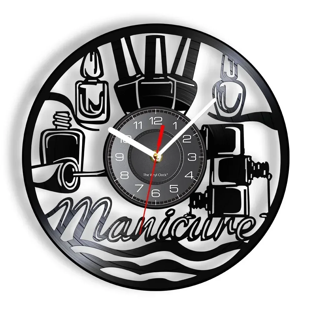 Manicure Design Wall Clock Fashion Beauty Store Wall Art Nail Salon Vinyl Record Wall Clock Nail Beauty Home Decor Gift for Her