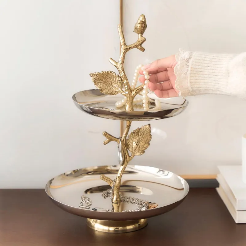 Double Cake Plate Metal Stainless Steel Branches Birds Silver Jewelry Plate Ornament