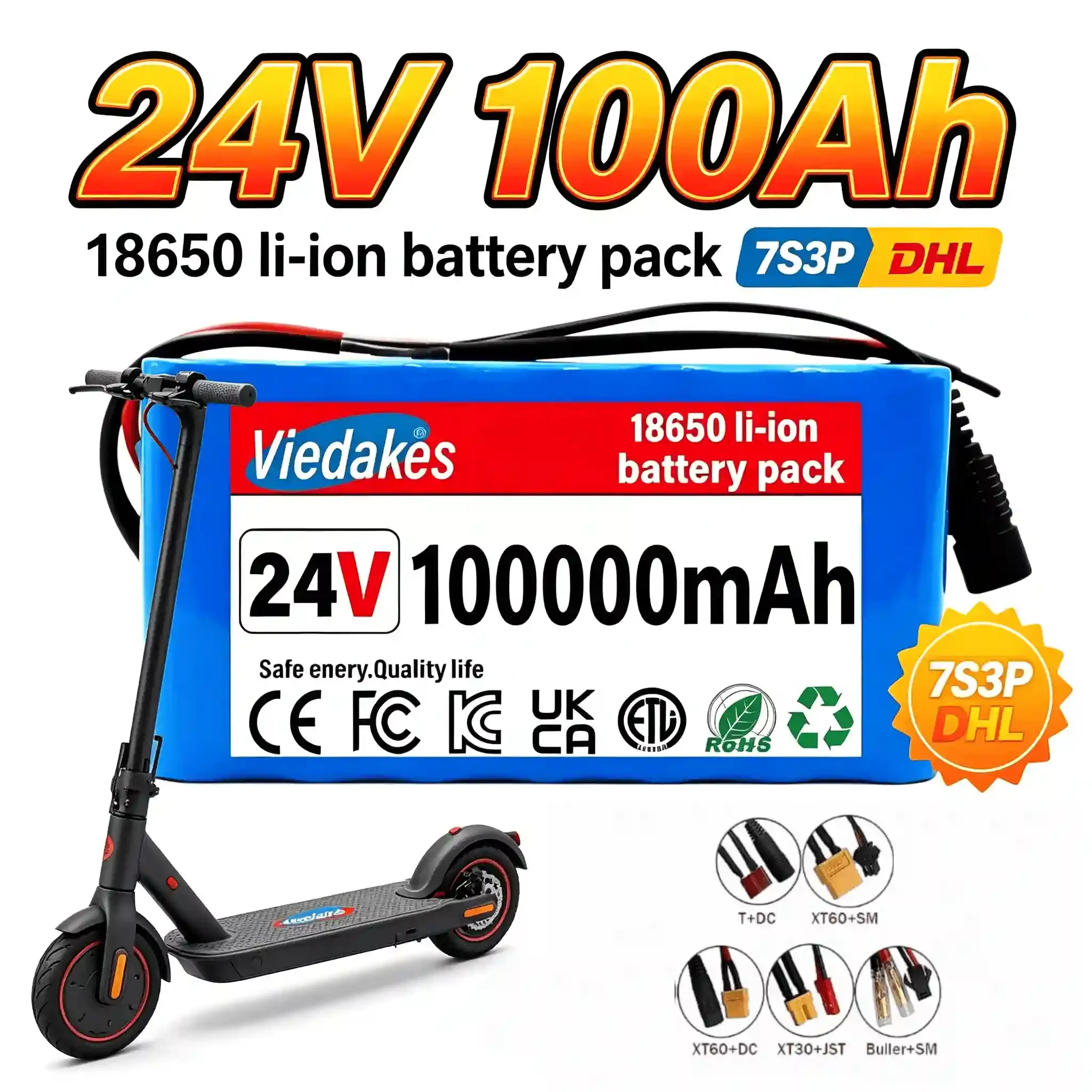 

Viedakes Premium 24V 100Ah 7S3P 18650 Rechargeable Battery Kit With 29.4V 2A Charger, Multi Connectors For Solar Backup Power