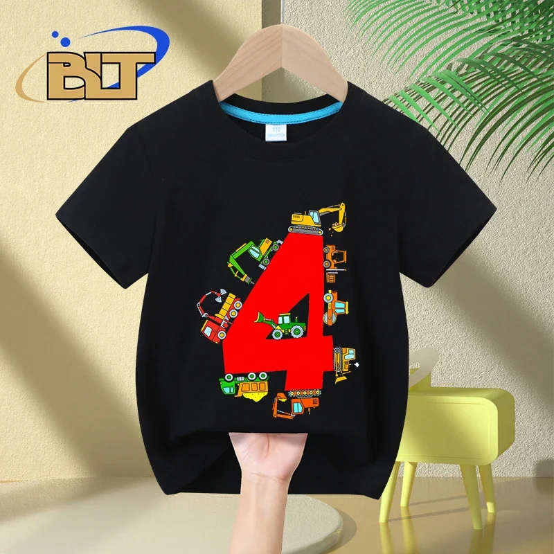 4 ° compleanno t-shirt escavatore costruzione camion stampa bambini estate cotone manica corta regalo a sorpresa