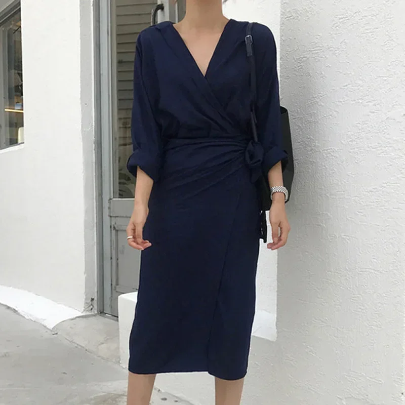 2024 Retro Mid-length Dress Vestidos Mujer Chic V Neck Wrap Dress Ladies Solid Color Long Sleeve Elegant Office Ladies Dress