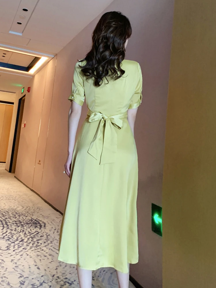 新着ファッションパーティードレス女性エレガントな夏の V ネックヴィンテージパフスリーブ気質 OL シンプルな固体スリム A ラインドレス