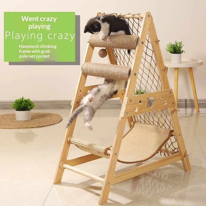 Árbol rascador de madera para gatos con hamaca y red de escalada - imagen 2