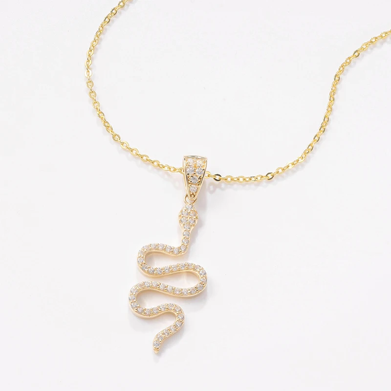 Raprgold 14K Solid Gold Cubic Zirconia Snake Animal Pendant with 925 Silver Link Chain 20'' Jewelry for An Evening Party