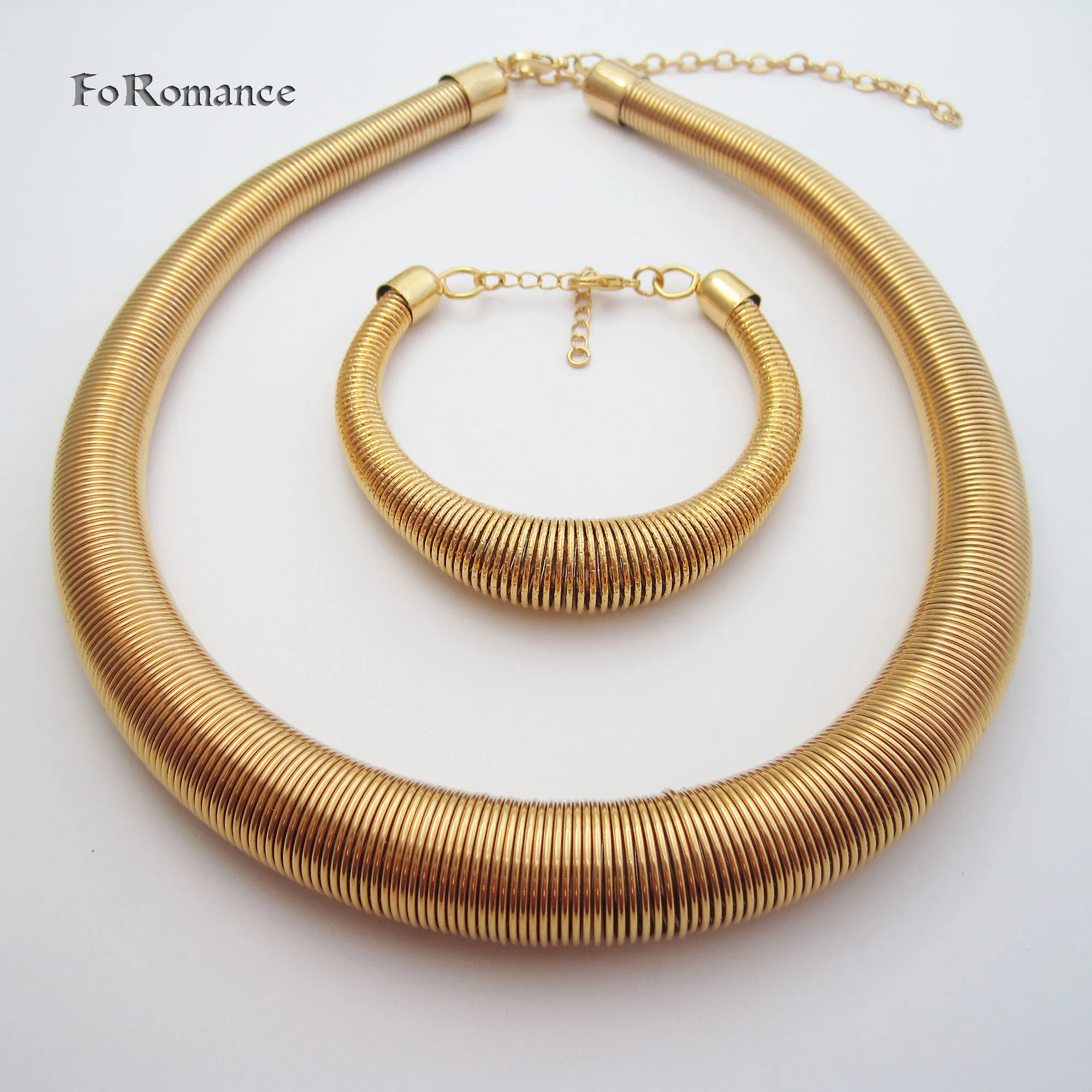 YELLOW GOLD PLATED 40CM PLUS 10CM UNIQUE HEAVY BIG WIDTH NECKLACE AND BRACELET VIVID SPRING SHAPED JEWELRY SET