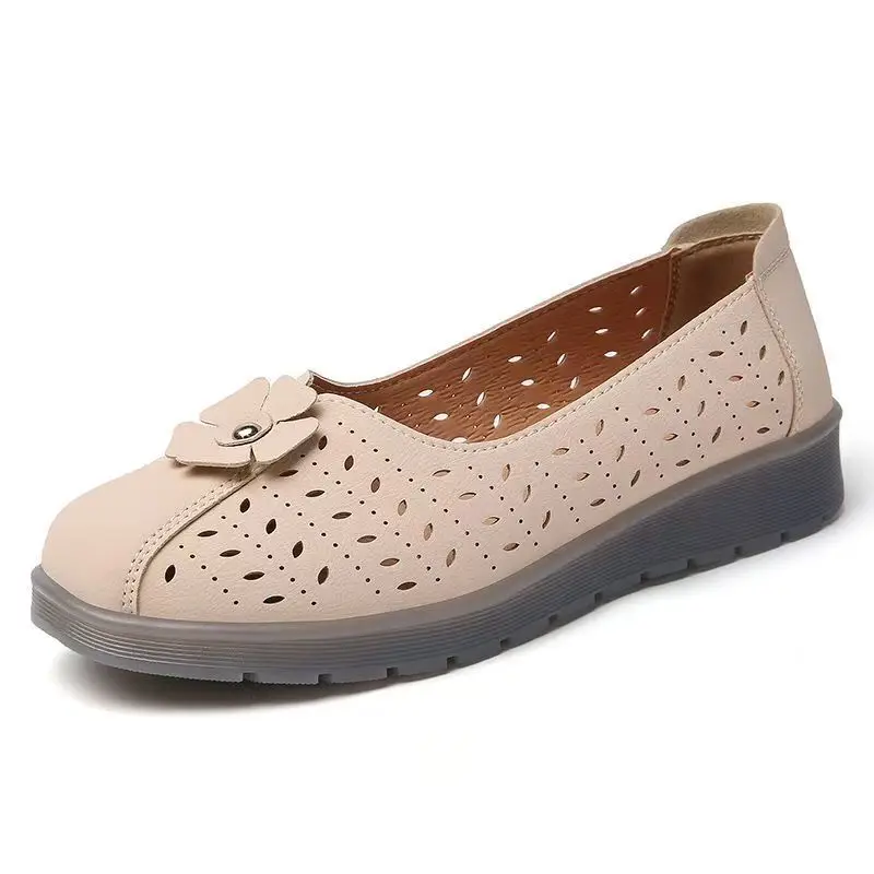 

Women PU Leather Hollow Out Flat Sole Cave Shoes Spring Summer New Soft Sole Non slip Shallow Slip On Round Toe Nude Shoes