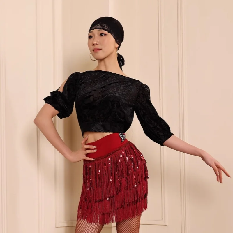 

Latin dance performance costume for women's sexy backless top+tassel short skirt set tango cha cha samba practice outfit