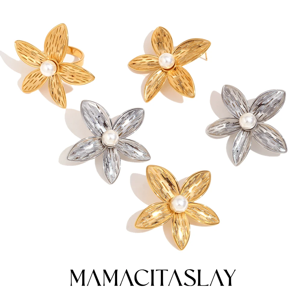 MamacitaSlay New Design Imitation Pearl Egg Flower Earrings Gold Plated Blooming Flower Rings stainless steel jewelry women