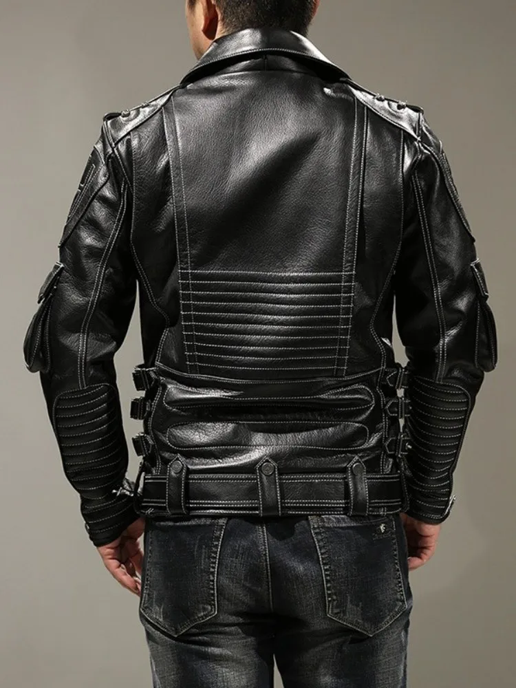 Punk Style Mens Genuine Leather Motorcycle Jacket Multiple Pockets Zip Turn-Down Collar Street Slim Fit Real Cowhide Coat Male